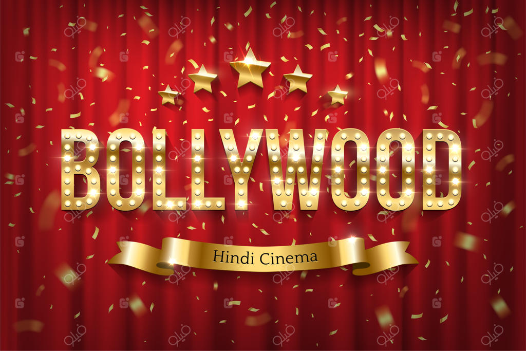 بنر سینمای بالیوود هند با متن، تابلوی درخشان با چراغ‌ها بر روی پرده قرمز