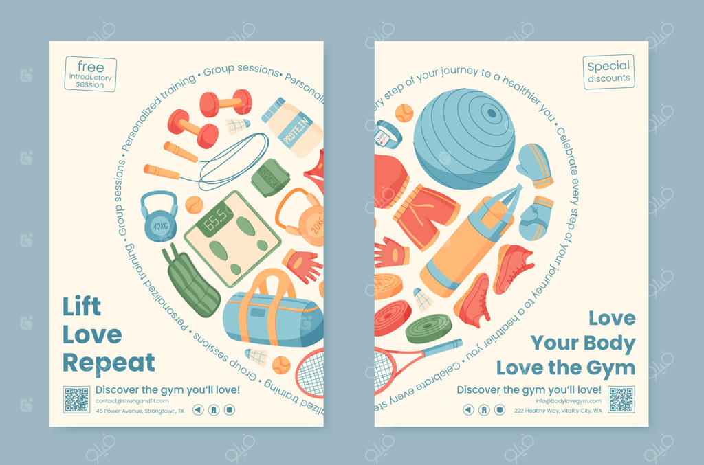 طراحی بنر تخت با مجموعه‌ای از تجهیزات ورزشی و تناسب اندام. مجموعه‌ای از لوازم تمرینی مانند دمبل، کیف و بطری. پس‌زمینه زنده‌ای که به سبک زندگی سالم و ورزش تشویق می‌کند.