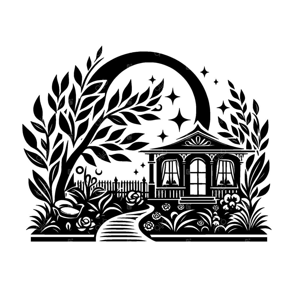 نقاشی سیاه‌وسفید خانه ویکتوریایی با باغ سرسبز، ماه هلالی و ستارگان زیر طاقی از شاخه‌ها