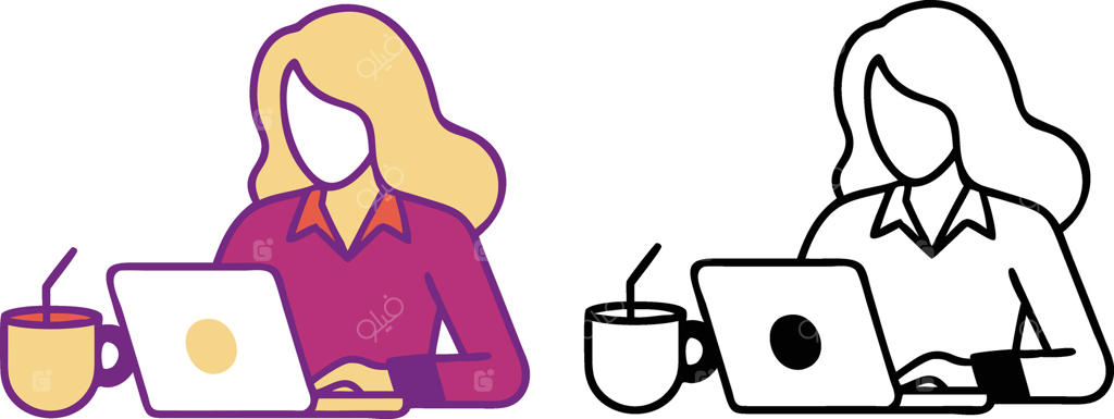 زن در حال کار با لپ‌تاپ در زمان استراحت با قهوه، طراحی و بهره‌وری در دفتر کار