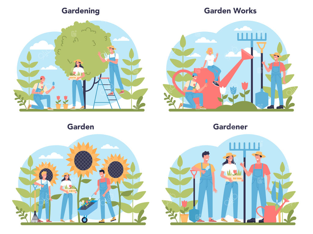 مجموعه مفاهیم باغبانی: ایده‌هایی برای کسب و کار باغبانی. شخصیت در حال کاشت درختان و بوته‌ها. ابزار مخصوص کار: بیل، گلدان و شلنگ.