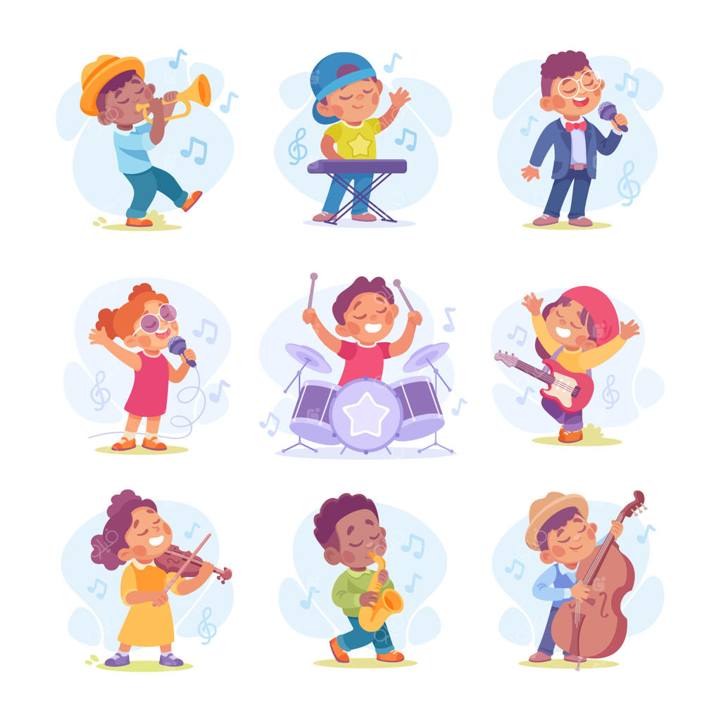 تصویرسازی کارتونی کودکان خندان در حال نواختن سازهای موسیقی