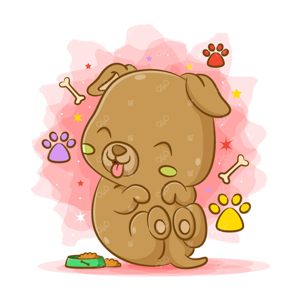 سگ کوچولو نشسته تا غذایش را از کاسه سبز بخورد