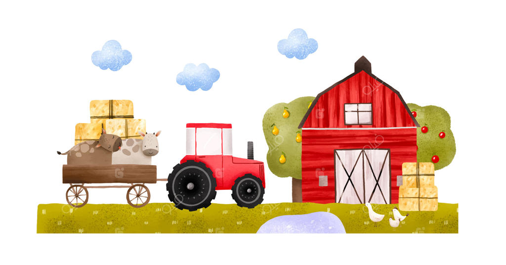 منظره مزرعه با حیوانات و درختان میوه؛ گاوها و حیوانات اهلی در چمنزار و حیاط مزرعه. تصویرسازی دستی و بامزه کودکانه مناسب برای دکوراسیون، کارت پستال و دعوت‌نامه