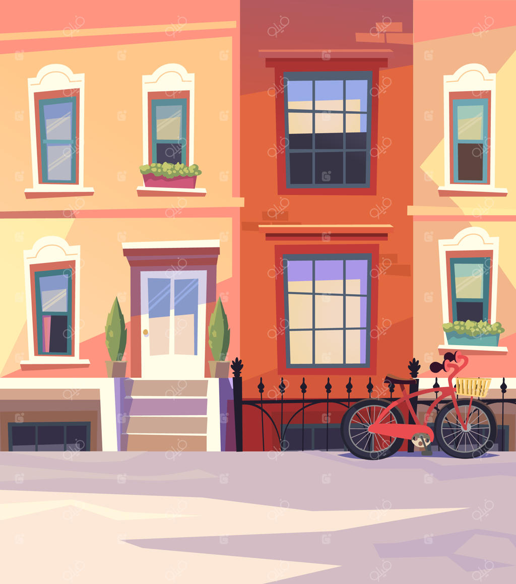 خیابان آفتابی شهر با دوچرخه و سبد - تصویر برداری