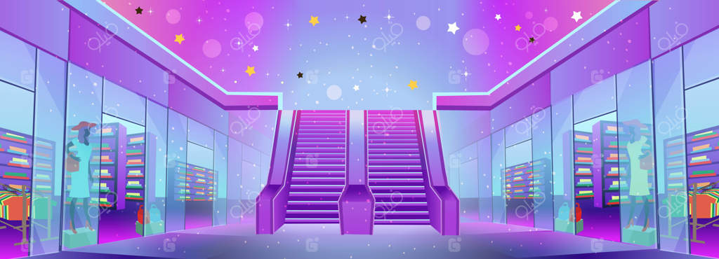 مرکز خرید با فروشگاه‌ها و پله‌برقی: طرحی از فروش ویژه یا بازاریابی موبایلی و تجارت الکترونیک - تصویر کارتونی.