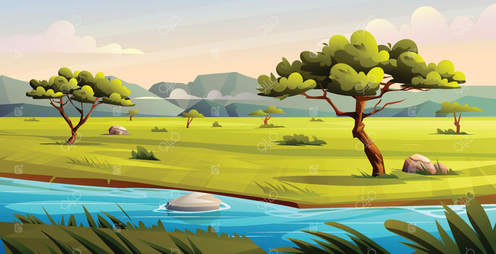 چشم‌انداز ساوانا با درختان و رودخانه‌ای که در دشت‌ها جاری است. تصویرسازی