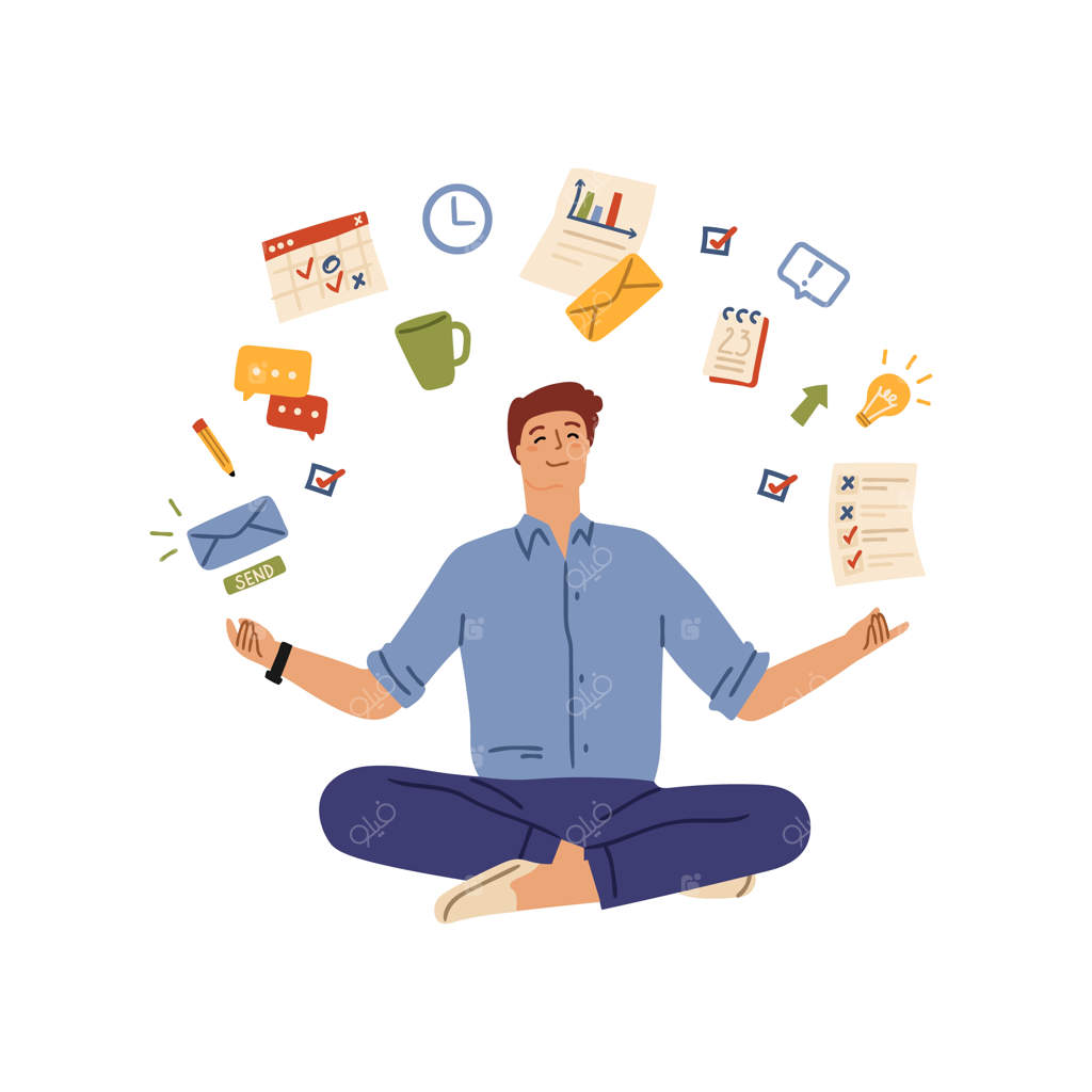 مرد چندکاره در دفتر. فرد معتاد به کار، تاجر سخت‌کوش و سیستم کاری. وظایف مدیر، شخصیت مردی در حالت مدیتیشن و آرامش. تصویرسازی کارمند دفتر پرمشغله، فردی با وظایف همزمان و سنگین