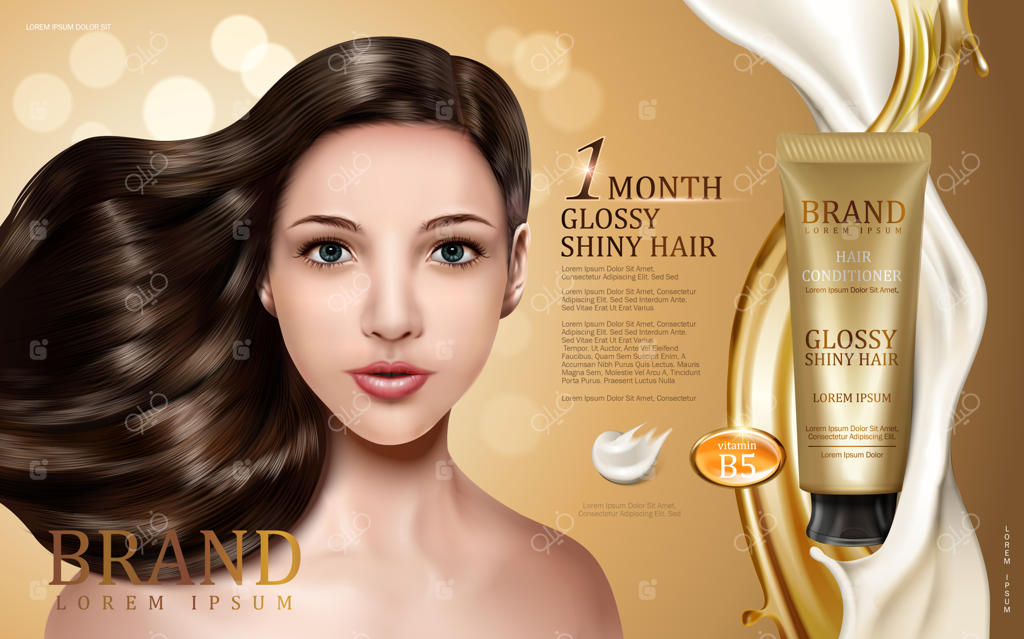 نرم‌کننده مو درون تیوپی با تصویر مدل، جریان طلایی و کرمی، پس‌زمینه بوکه