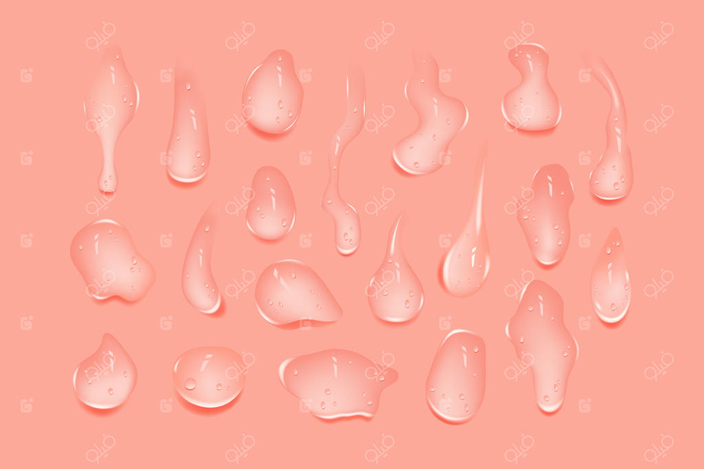 قطره‌های خیس و صورتی ژل یا کلاژن، سرم آرایشی یا آب پخش‌شده، نمونه گرد و تمیز لوسیون یا ژل مراقبت از پوست، پس‌زمینه زیبایی با قطرات روغن.