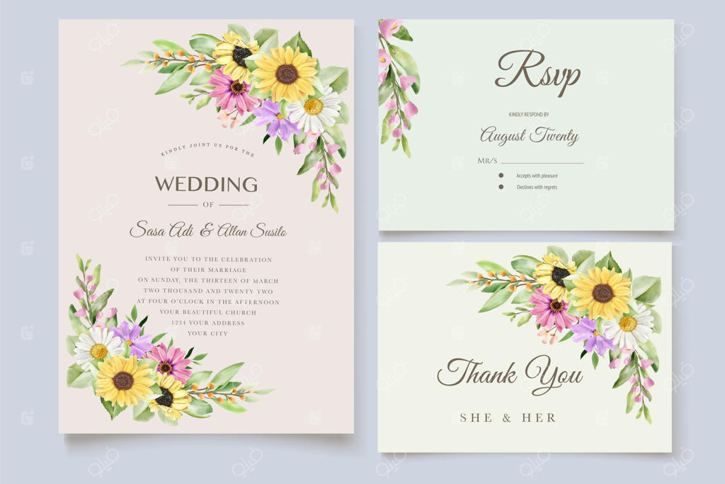 مجموعه کارت دعوت با طرح آفتابگردان و مروارید دستی