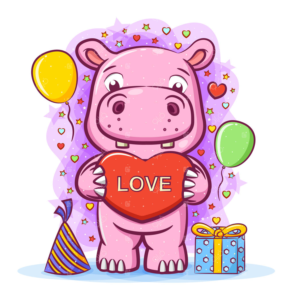 تصویر هیپوپوتاموس صورتی با قلب در دست برای تولد