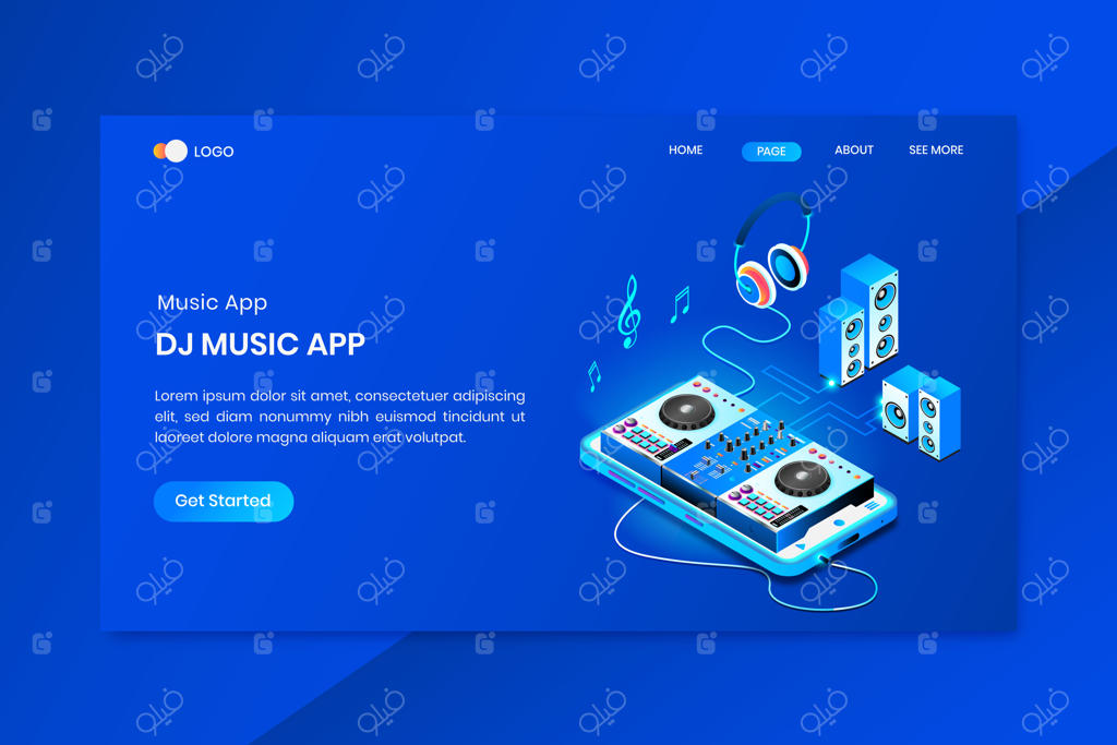 صفحه فرود مفهومی ایزومتریک اپلیکیشن موسیقی