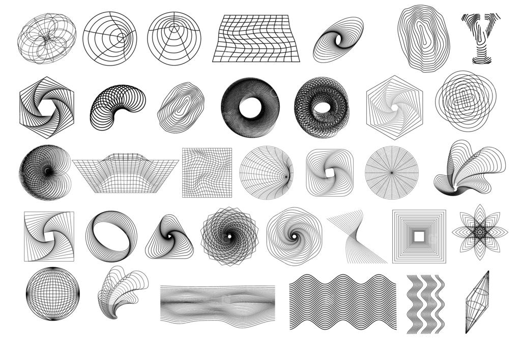 مجموعه المان‌ها و اشکال هندسی وایرفریم انتزاعی مشکی با سبک Y2K، عناصر طراحی رترو