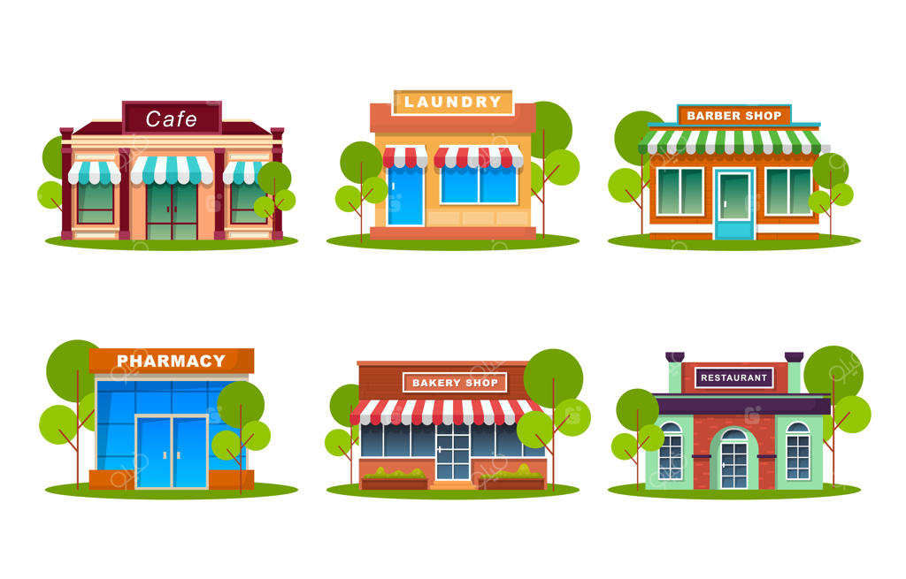 تصویرسازی مسطح از مجموعه ویترین فروشگاه‌ها