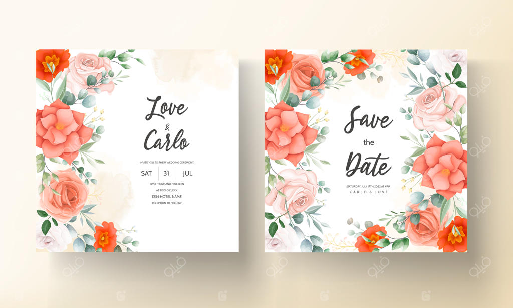 کارت دعوت عروسی شیک با گل‌های نارنجی زیبا تزیین شده است