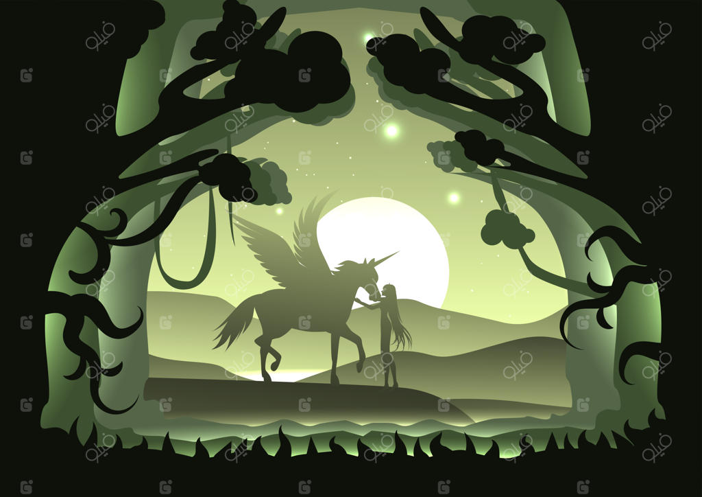 طرح ضد‌نور تک‌شاخ، اسب بالدار و زنان در جنگل با منظره ماه و کوهستان در شب