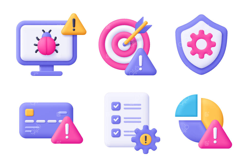 مجموعه آیکون‌ 3D برای ریسک کسب‌وکار و مدیریت ریسک: کامپیوتر، هدف، سپر، کارت اعتباری، نمودار، فایل. به سبک کارتونی و مینیمال.