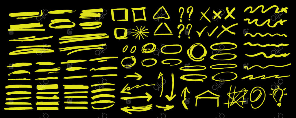 عناصر طراحی دست‌ساز و دودلی، مشکی بر زمینه سفید. خطوط منحنی، تأکیدها، فلش، تاج، ضربه قلم‌مو. عناصر طراحی دودلی و اسکچ