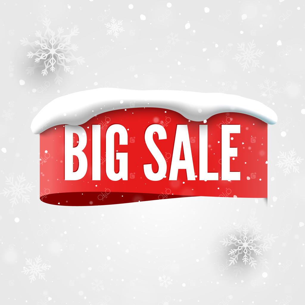 طرح بنر فروش ویژه با برچسب قرمز و طرح برف و دانه‌های برف - تصویر وکتور