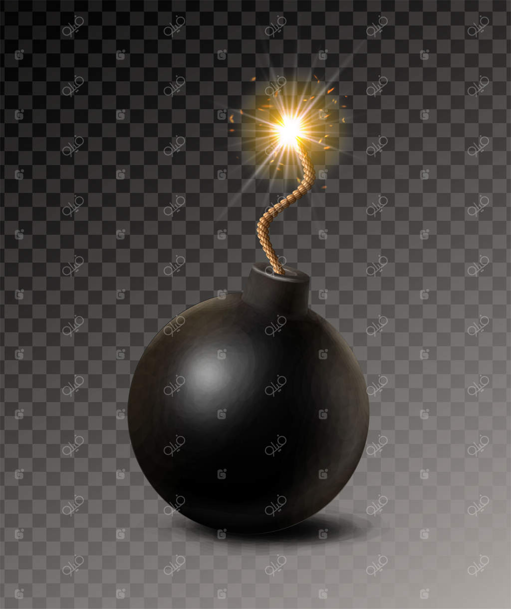 آیکون وکتور واقعی: بمب سیاه با فیتیله در حال سوختن، در پس‌زمینه شفاف.