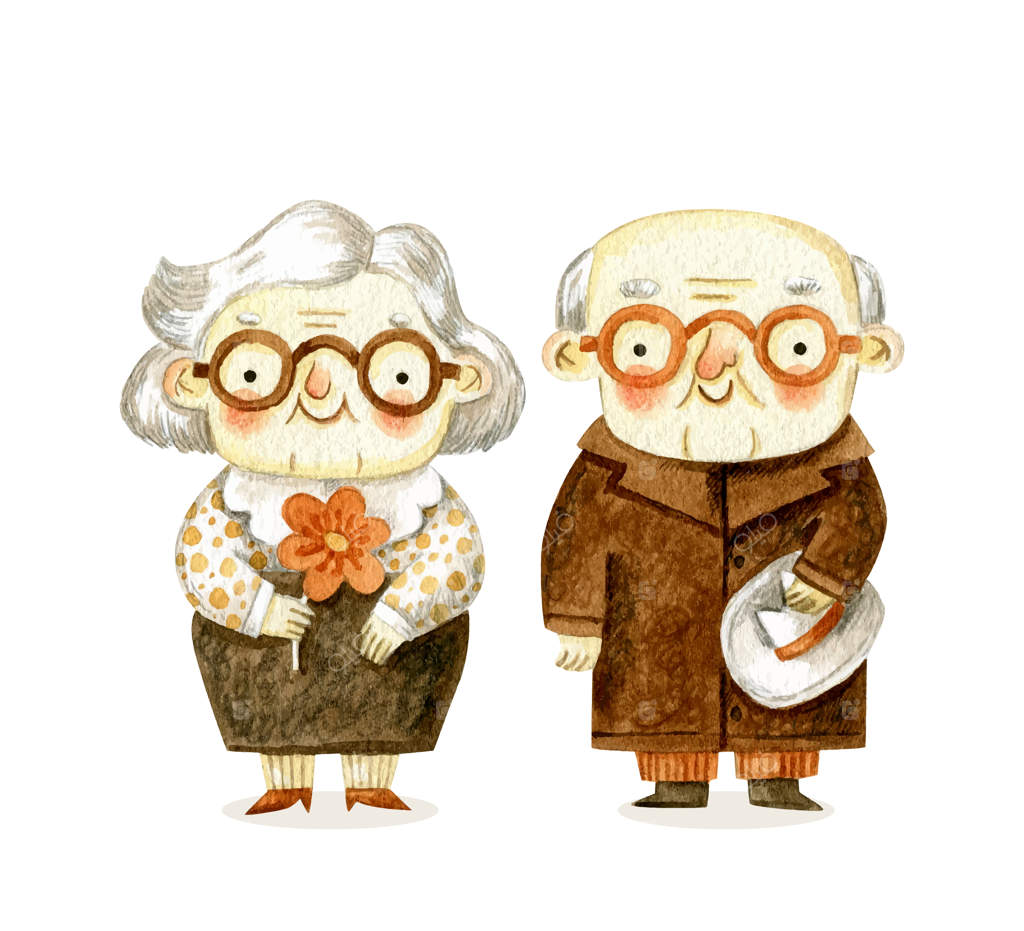 زوج شیک پیرزن و پیرمرد: نقاشی آبرنگی قدیمی برای روز پدربزرگ و مادربزرگ