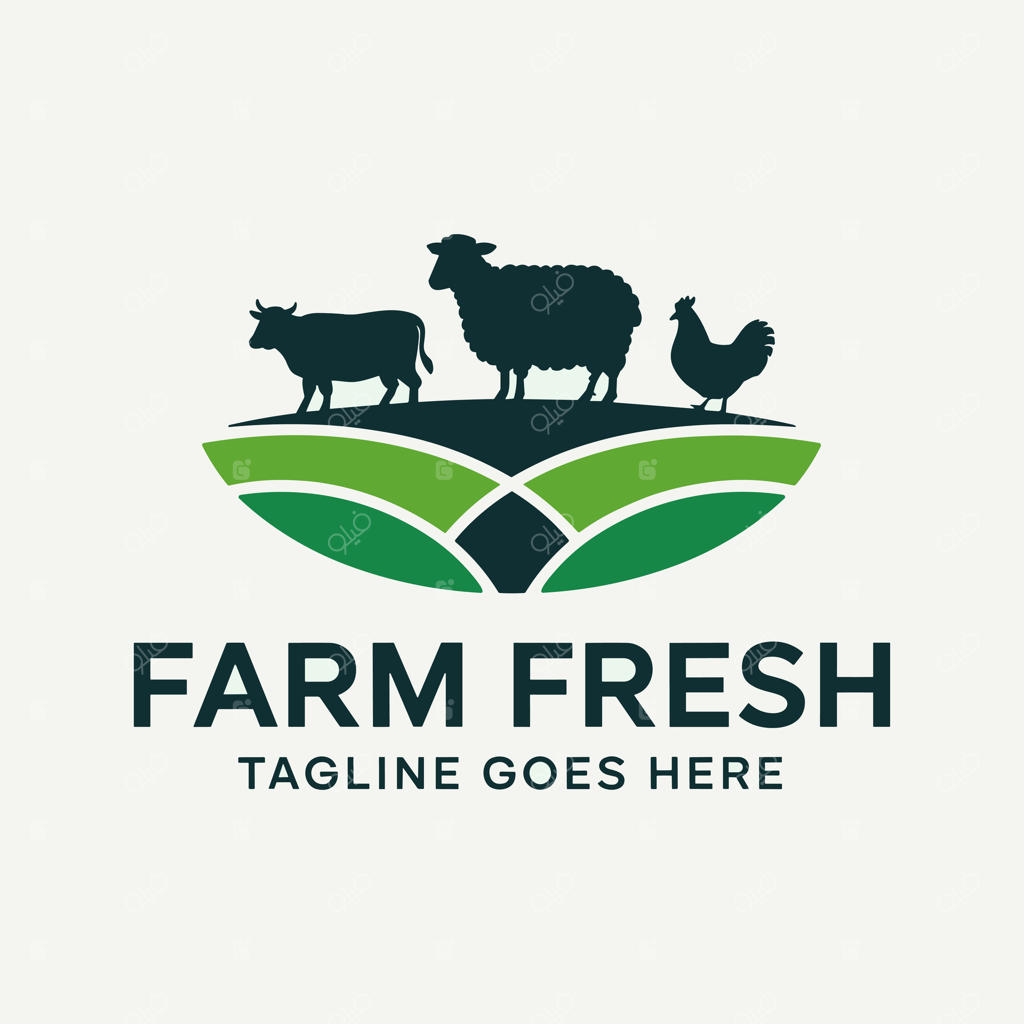 لوگوی "تازه از مزرعه" با طرح گاو، گوسفند و مرغ در تپه‌های سبز نشان‌دهنده کشاورزی و محصولات طبیعی