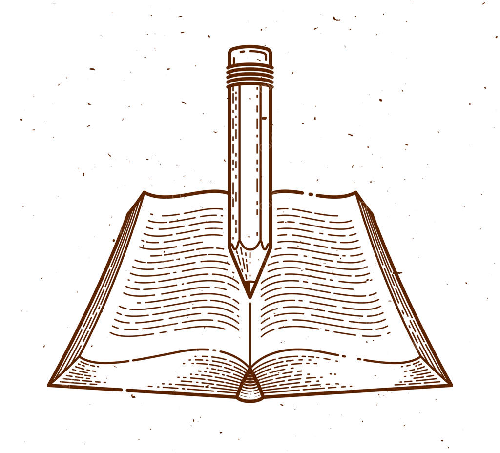 لوگو یا نشان وکتوری کتاب و مداد قدیمی: نماد دانش در علم و آموزش، کتابخانه ادبیات علمی و آموزشی.