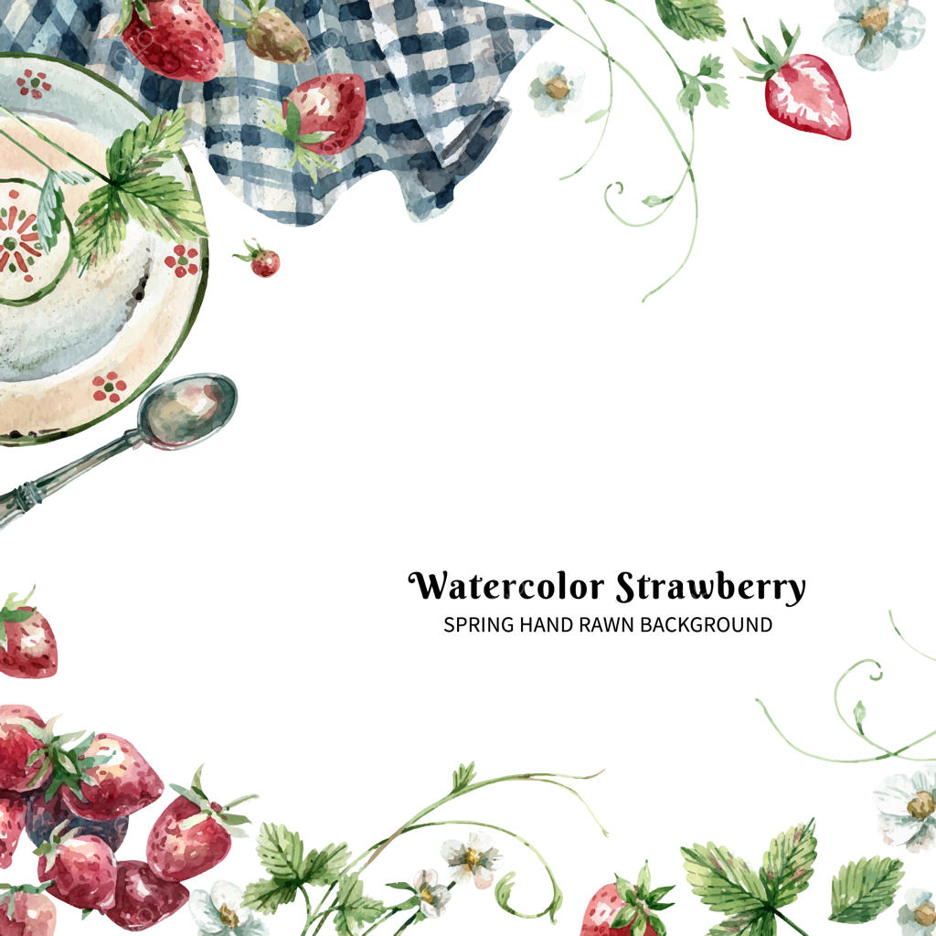 پس‌زمینه نقاشی آبرنگی با دست شامل بشقابی از توت‌فرنگی‌ها، میوه‌های رسیده، برگ‌ها و گل‌ها.