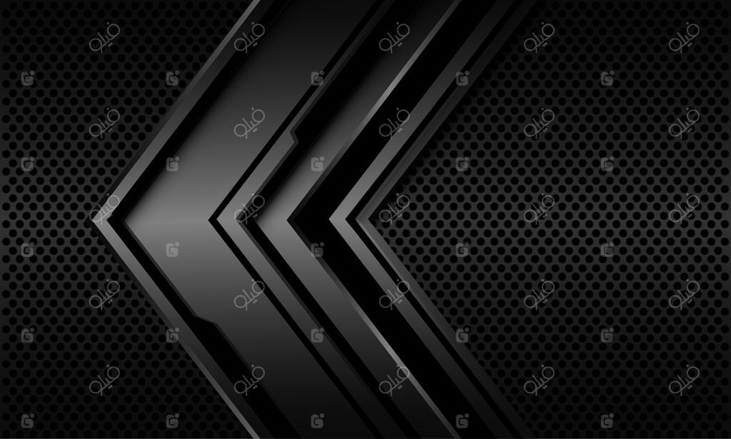 طرح دایره‌ای شبکه‌ای با فلش سایبری در جهت مدار خطی مشکی و متالیک طوسی