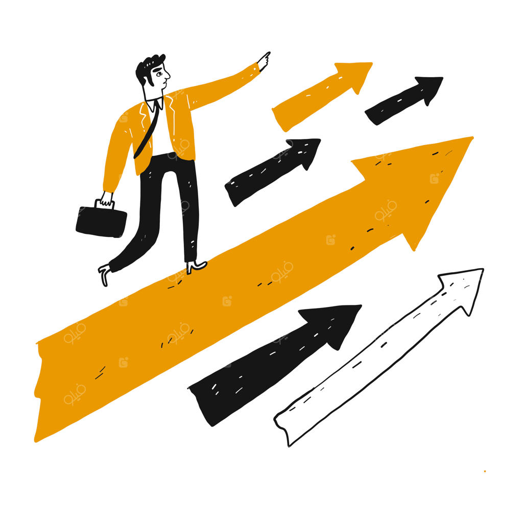 رهبر با بینش روی یک فلش بزرگ نارنجی می‌ایستد و به جلو حرکت می‌کند