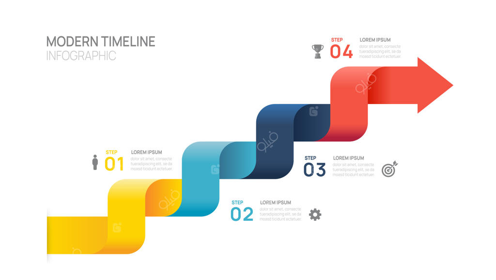 اینفوگرافیک: نماد فلش و الگوی تایم‌لاین کسب‌وکار با ۴ مرحله برای دستیابی به موفقیت.