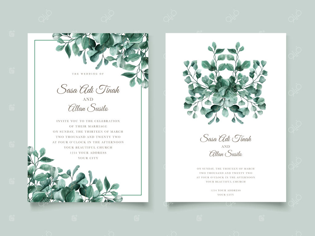 قالب کارت دعوت عروسی با طراحی اکالیپتوس سبز
