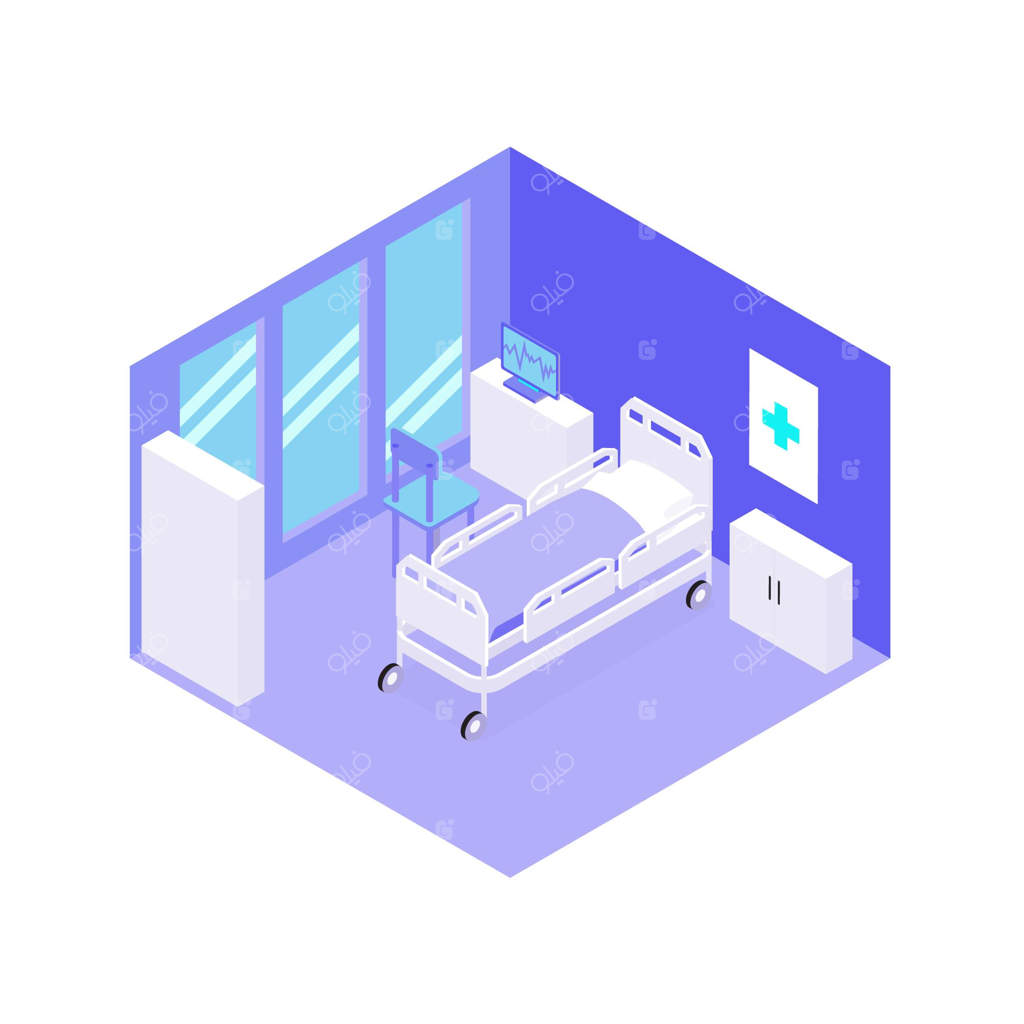 نمای ایزومتریک از اتاق بیمارستان با تجهیزات پزشکی