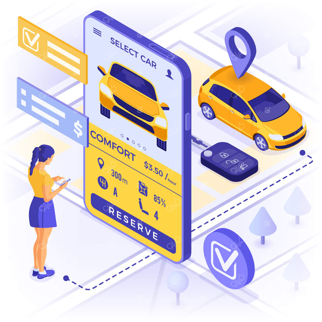 مفهوم خدمات اشتراک خودرو: دختری آنلاین خودروی خود را انتخاب می‌کند.