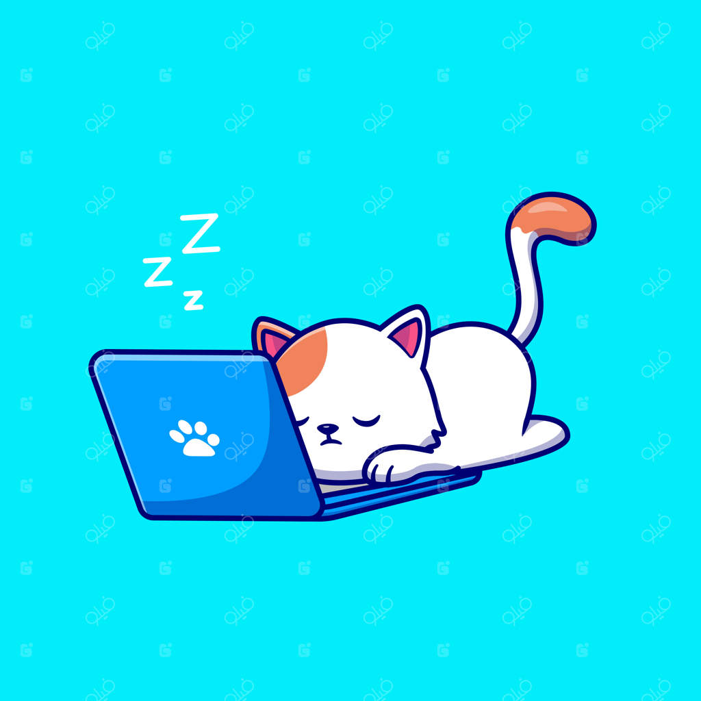 تصویر کارتونی گربه بامزه در حال خواب و کار با لپ‌تاپ.