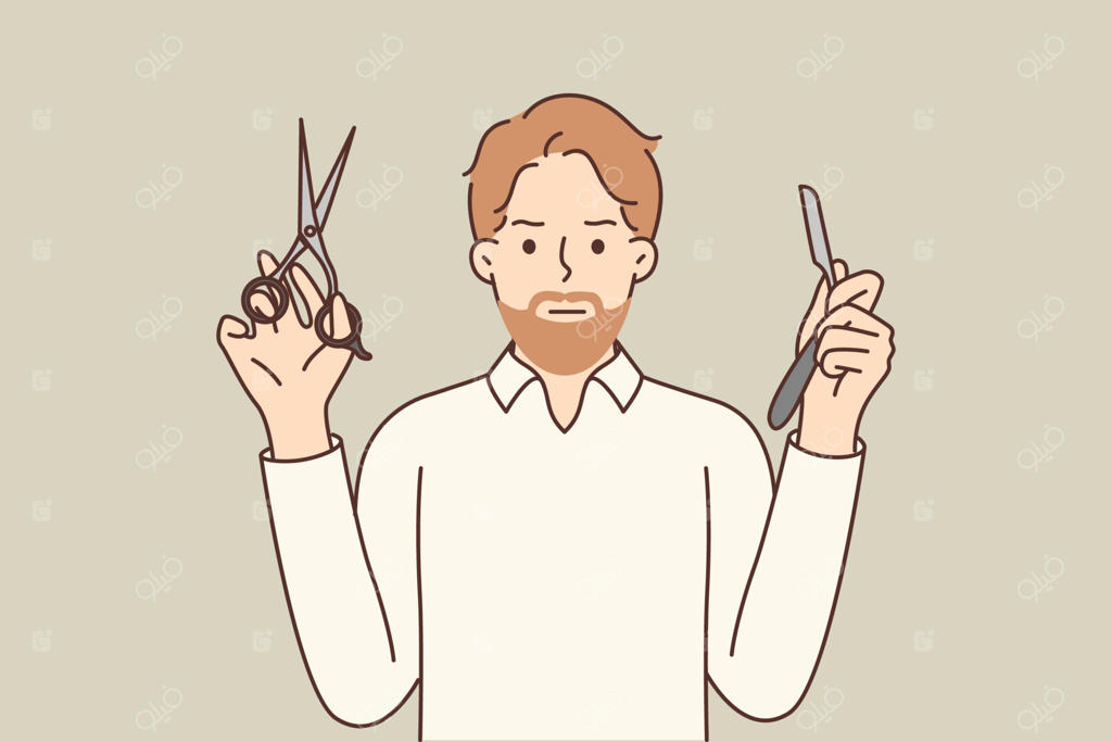 آرایشگر مرد در سالن پیرایشگاه، چگونگی استفاده از تیغ و قیچی برای فرم‌دهی ریش و مدل مو به مشتریان نشان می‌دهد. آرایشگر جوان در پیرایشگاه مدرن از شما دعوت می‌کند تا مدل موی جدیدی را امتحان کنید.