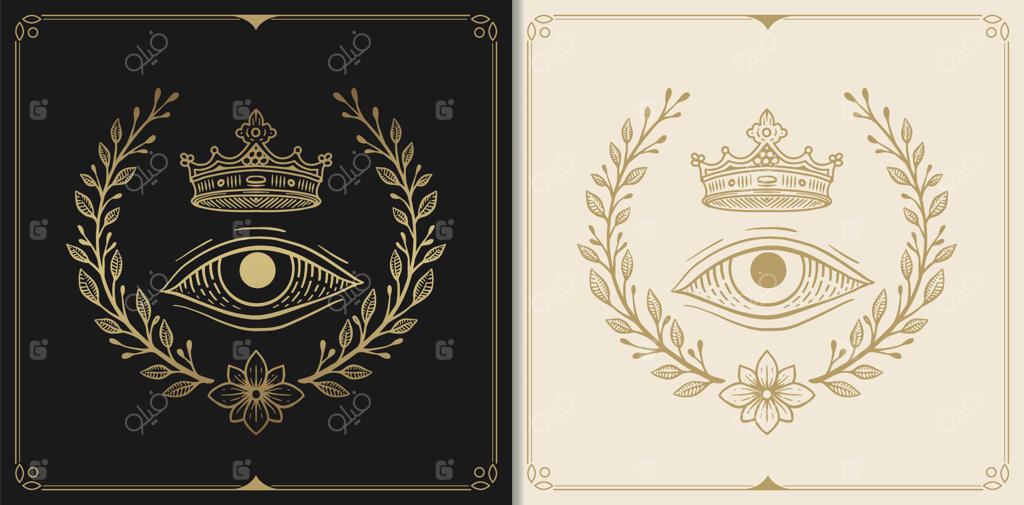 نماد سلطنتی چشم و تاج با طراحی دستی به سبک حکاکی