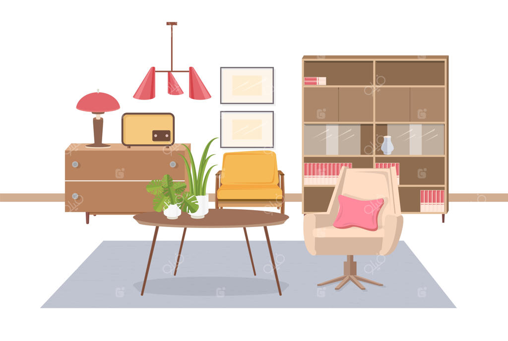 دکوراسیون دنج نشیمن با مبلمان قدیمی شوروی - صندلی راحتی، میز قهوه‌خوری، چراغ، رادیو، بوفه، لوستر آویز