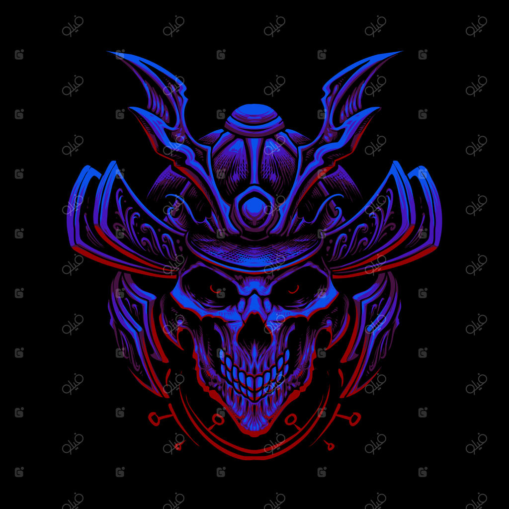 سامورایی با سر جمجمه‌ای در پس‌زمینه سیاه