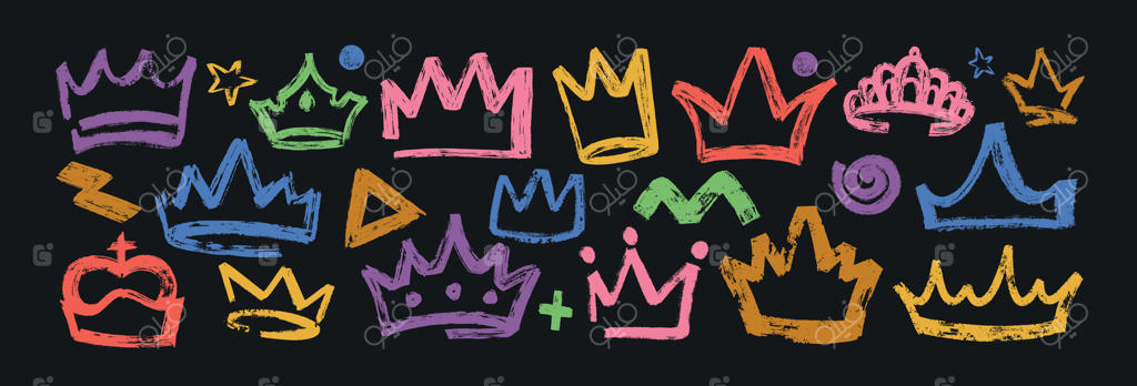 مجموعه تاج‌های پادشاهی گرانج و ضخیم روی زمینه مشکی، دیهیم رنگی شاهزاده، نیم‌تاج دستی پرنسس با رد قلم‌مو، تزیینات سر ملکه، ستاره و نقاط با بافت اسپری در سبک گرافیتی