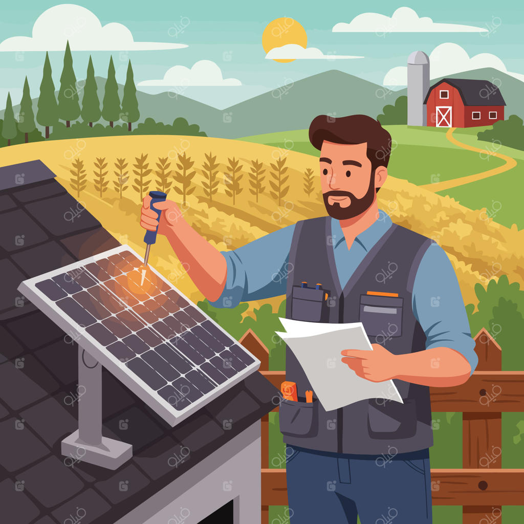 بازرسی تکنسین از پنل خورشیدی روی پشت‌بام با چشم‌انداز روستا