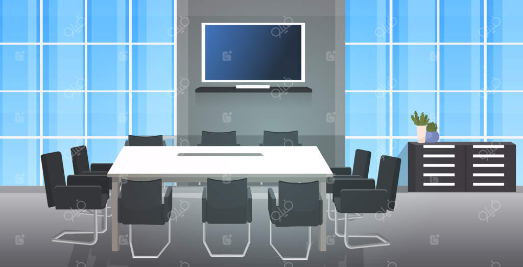 اتاق جلسه مرکز همکاری بدون افراد، با میز گرد و صندلی‌ها در فضای داخلی اداره مدرن