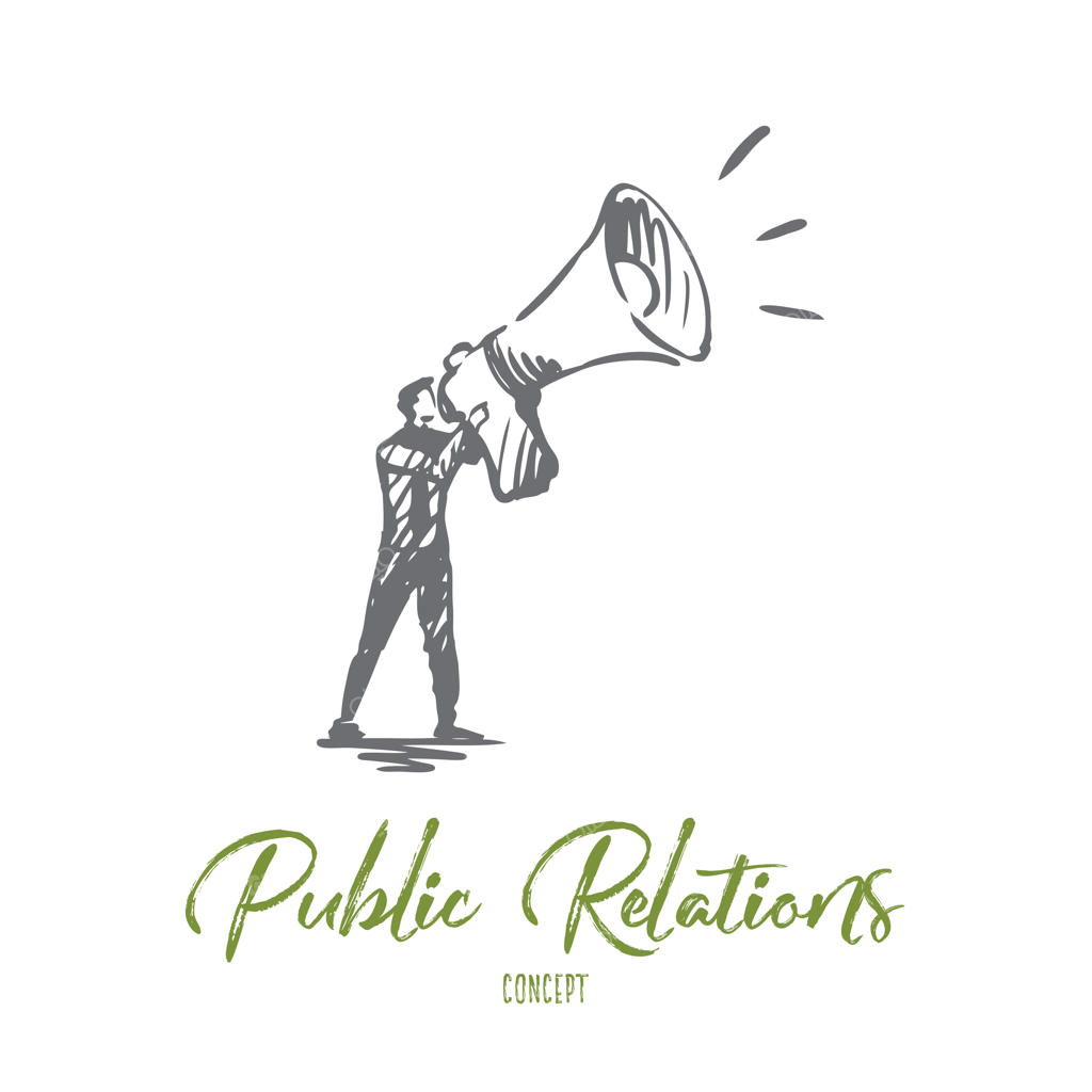 مفهوم تبلیغات، ارتباطات، روابط عمومی و رسانه. طراحی دستی و مفهومیِ مدیر روابط عمومی با بلندگو.