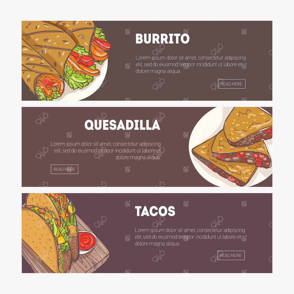 مجموعه بنرهای افقی وب با غذاهای سنتی مکزیکی و فضایی برای نوشتن متن