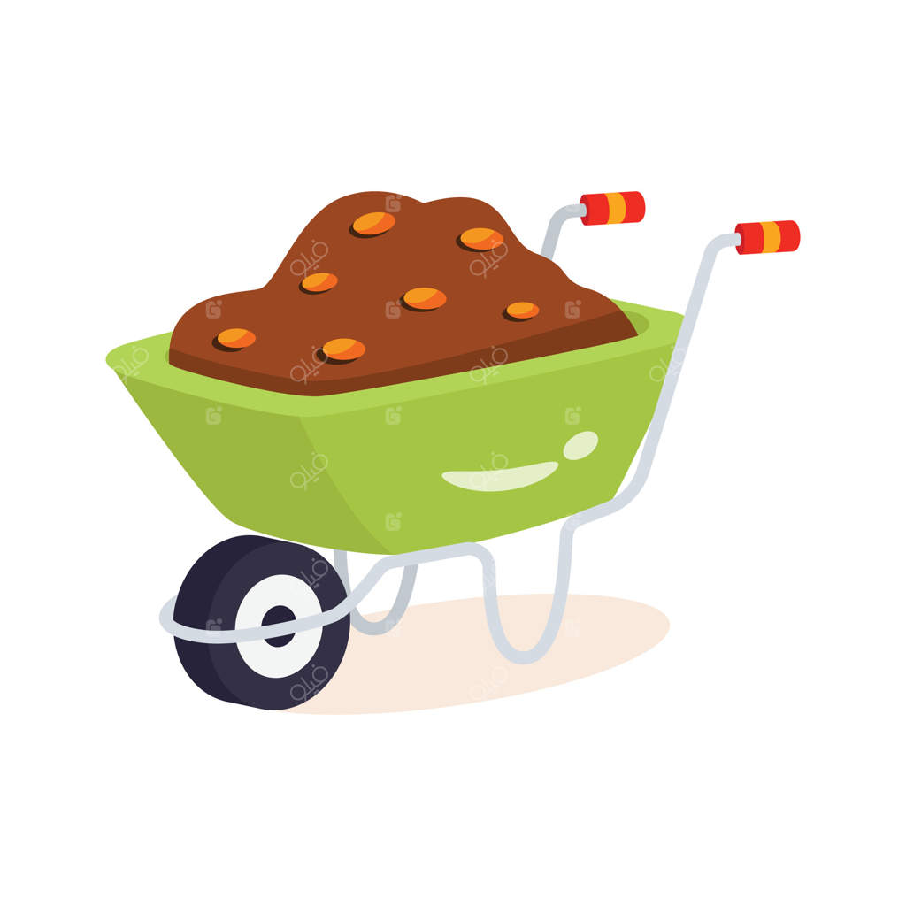 آیکون سه‌بعدی از چرخ‌دستی باغبانی پر از گل و لای