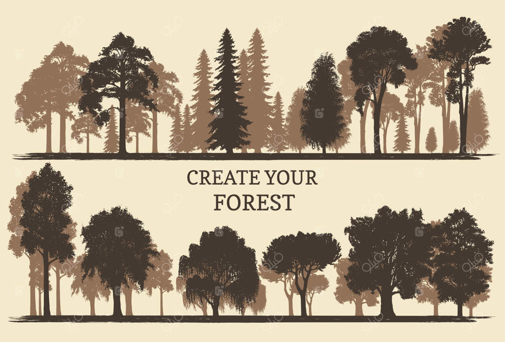 طرح‌های دستی از سیلوئت‌های درختان مختلف: جنگل خود را خلق کنید - طرح‌های وکتوری از جنگل‌های سوزنی‌برگ یا پهن‌برگ