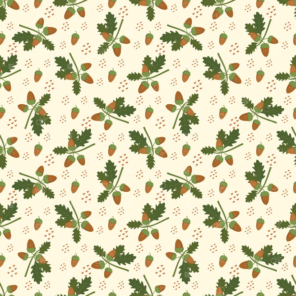 پترن پاییزی یکدست با بلوط روی زمینه زرد - چاپ پاییزه درخشان برای پارچه و طراحی - تصویرسازی برداری ساده