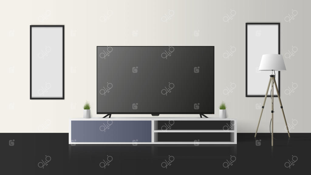 تلویزیون روی کمد است. تلویزیون را خاموش کن، میز کنار تخت بلند به سبک لوفت، اتاقی روشن.