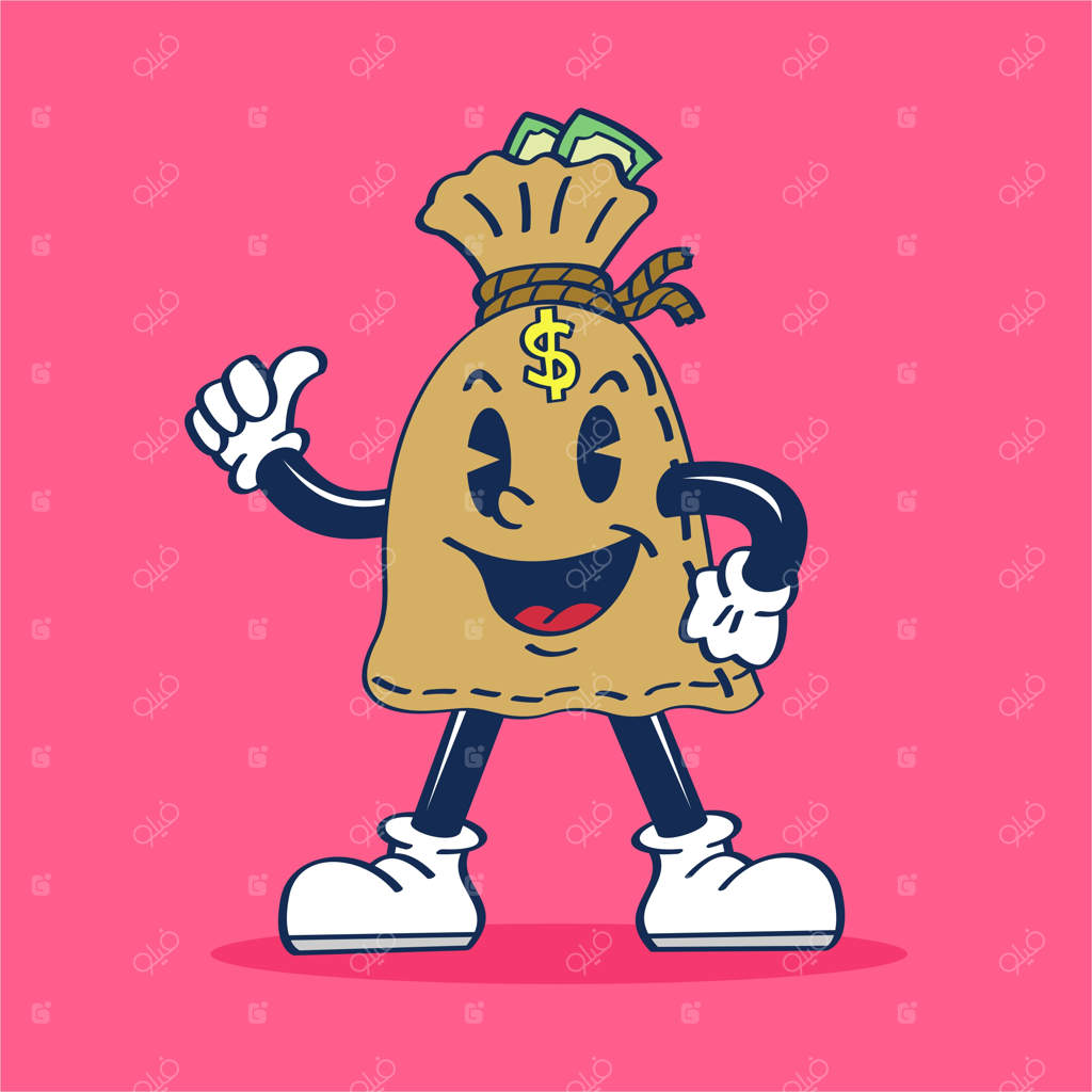 شخصیت کارتونی یک کیسه پول با نماد دلار روی آن.
